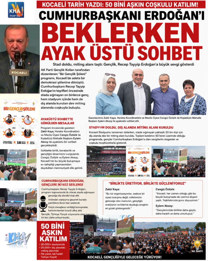 Cumhurbaşkanı Erdoğan Kocaeli gençlik buluşmasında gazeteci araştırmacı Zakir Kaya ve KHA ekibiyle bir arada.