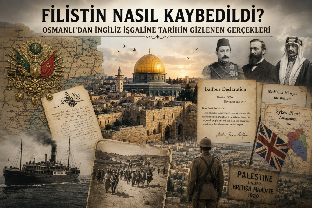 Filistin'in Osmanlı döneminden İngiliz işgaline geçiş sürecini anlatan Kudüs merkezli tarihsel illüstrasyon.