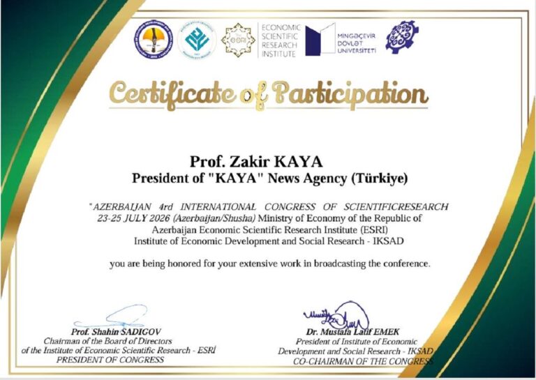 Azerbaycan'ın Şuşa kentinde düzenlenen 4. Uluslararası Bilimsel Araştırmalar Konferansı kapsamında Prof. Dr. Zakir Kaya'ya verilen Onur Sertifikası.
