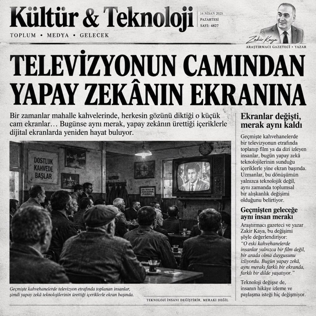 Eski Türk kahvehanesinde CRT televizyonda film izleyen kalabalık ve yapay zekâ çağını anlatan siyah-beyaz gazete görseli