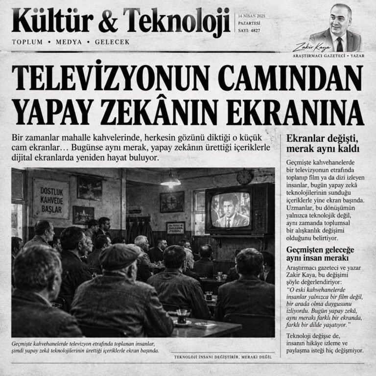 Eski Türk kahvehanesinde CRT televizyonda film izleyen kalabalık ve yapay zekâ çağını anlatan siyah-beyaz gazete görseli